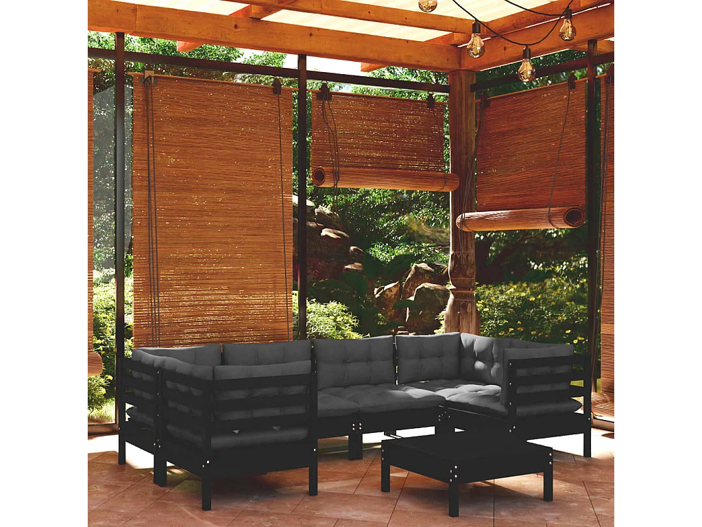 7-tlg. Garten-Lounge-Set mit Kissen Schwarz Kiefernholz