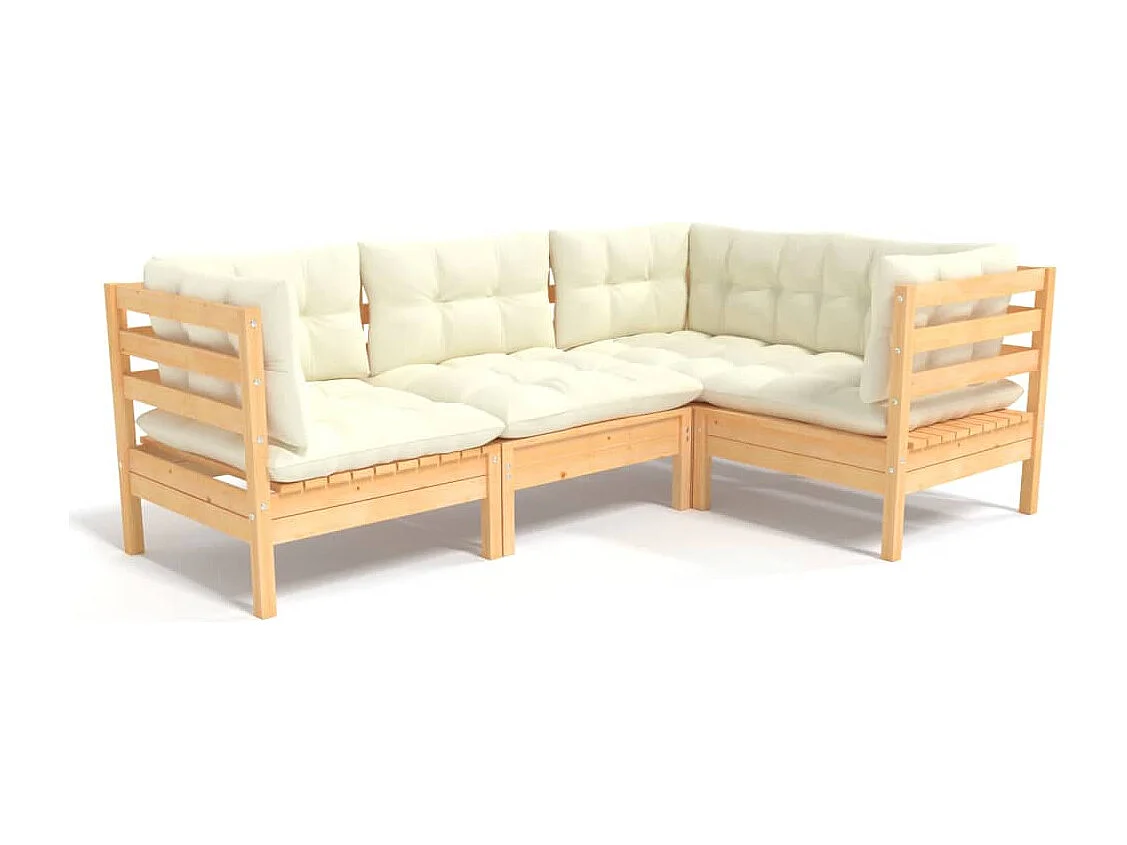 4-delige Loungeset met crèmekleurige kussens grenenhout