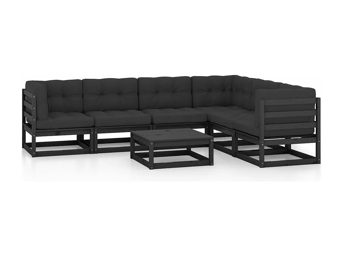 7-tlg. Garten-Lounge-Set mit Kissen Schwarz Massivholz Kiefer
