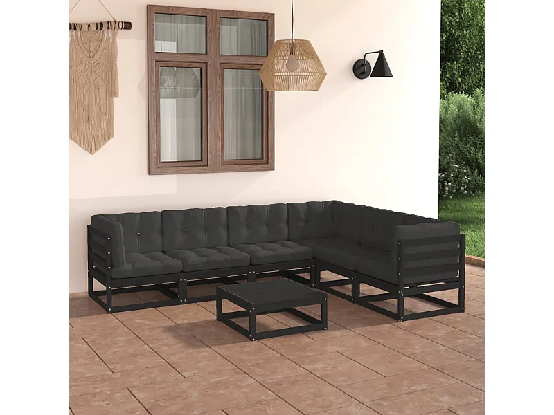 7 pcs conjunto longue jardim c/ almofadões pinho maciço preto