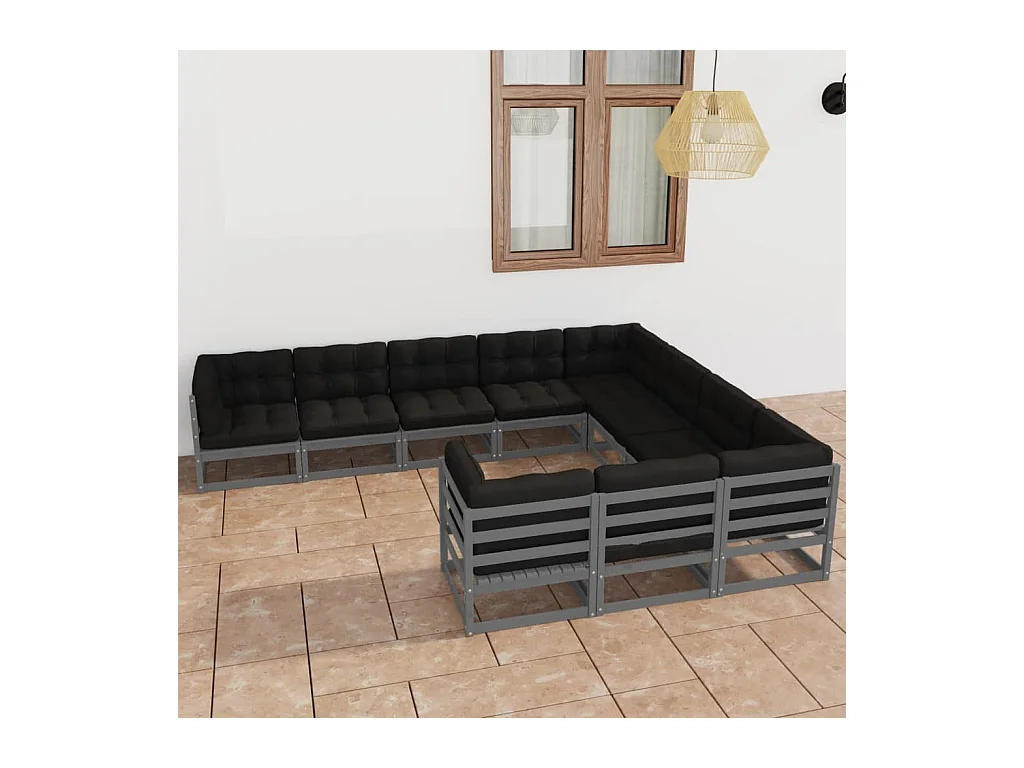 Salon de jardin 10 pcs avec coussins Gris Bois de pin massif