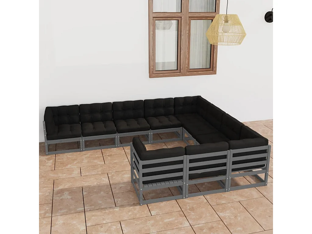 10-delige Loungeset met kussens massief grenenhout grijs