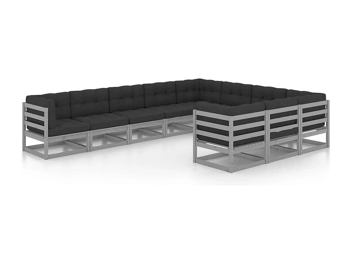 10-delige Loungeset met kussens massief grenenhout grijs