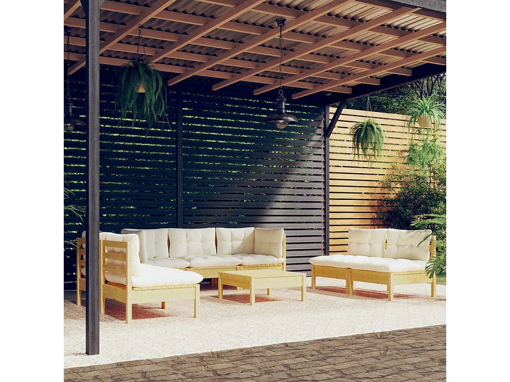 8-delige Loungeset met crèmekleurige kussens massief grenenhout