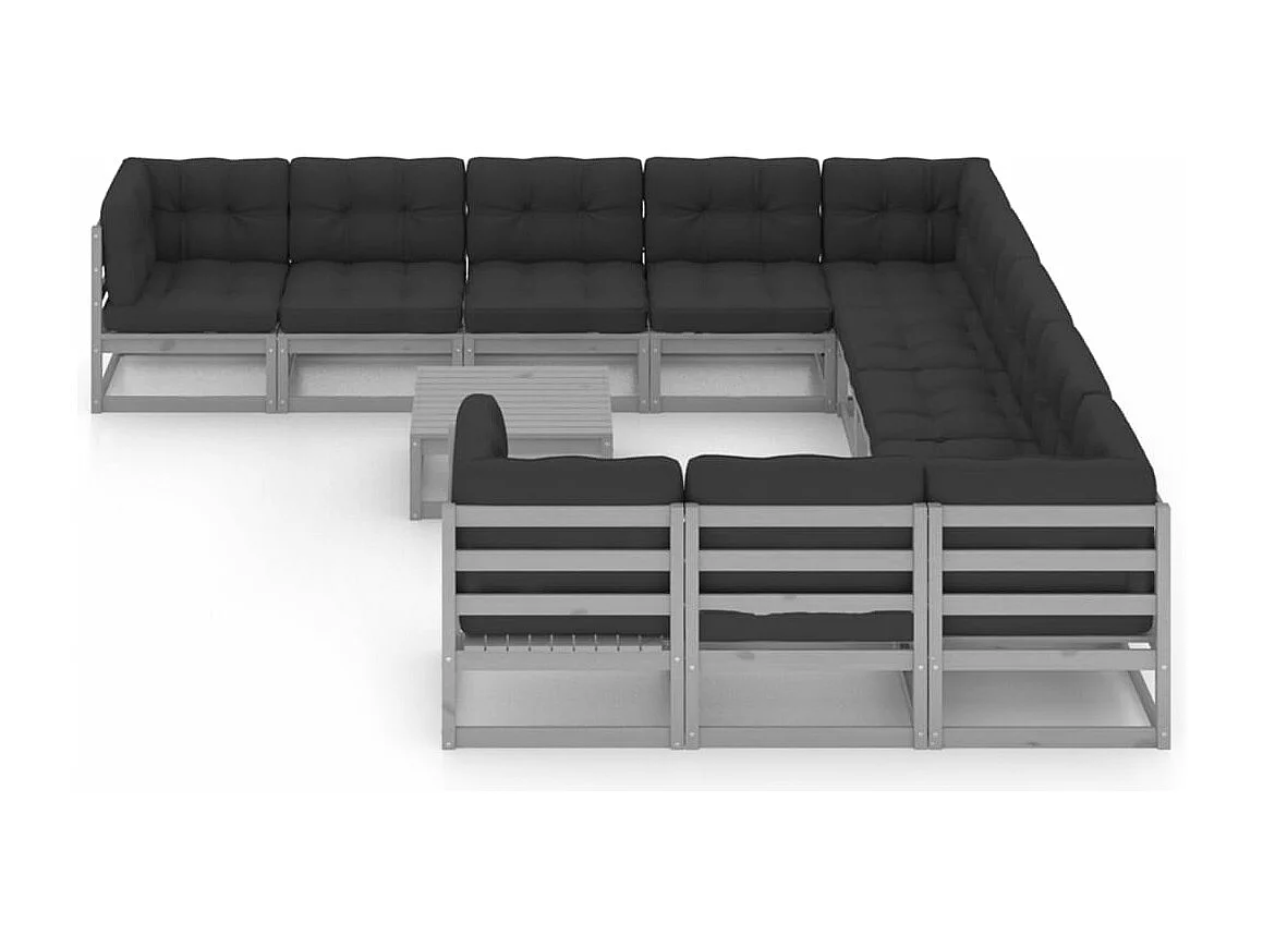 12-tlg. Garten-Lounge-Set mit Kissen Grau Massivholz Kiefer