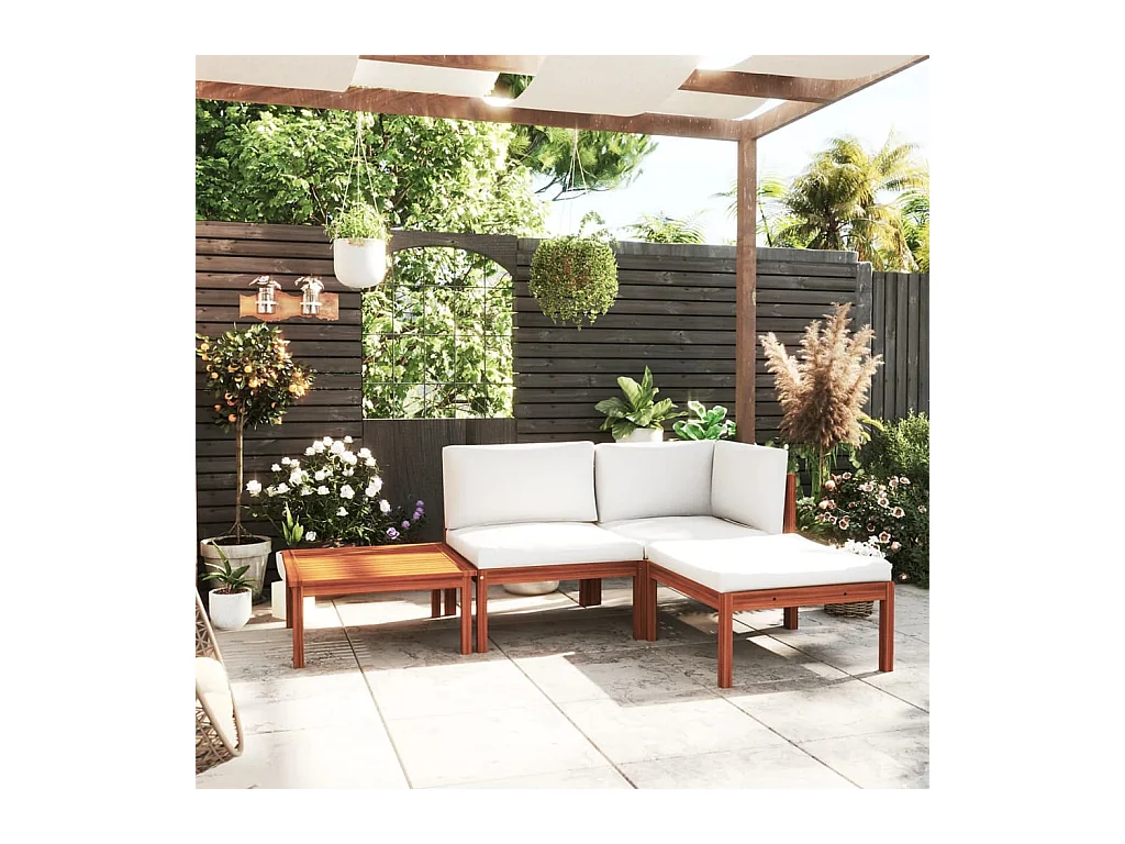 Salon de jardin 4 pièces avec coussins, bois d'acacia crème et corde