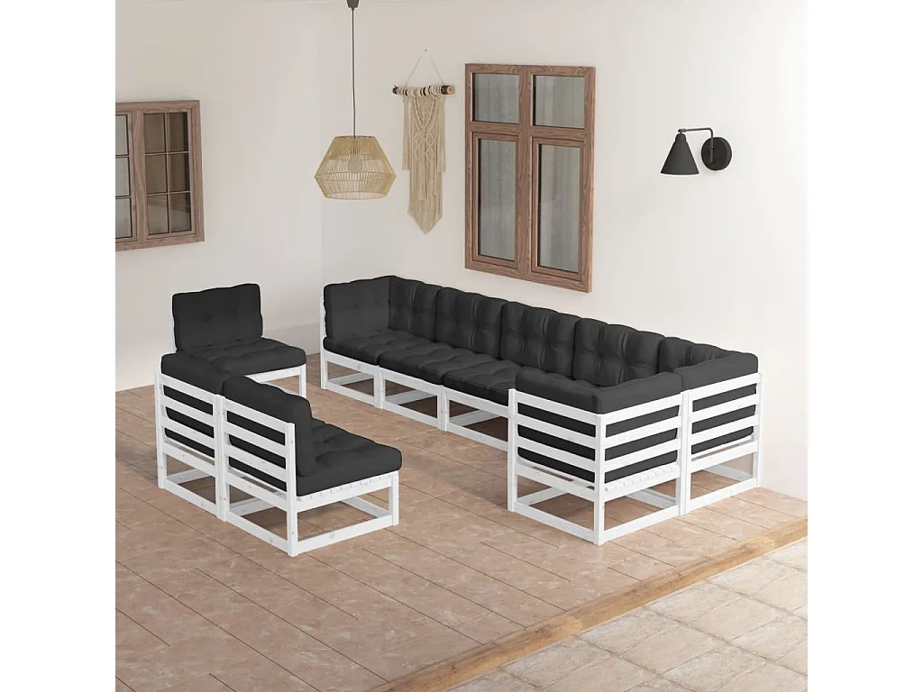 Salon de jardin 9 pcs avec coussins Bois de pin massif