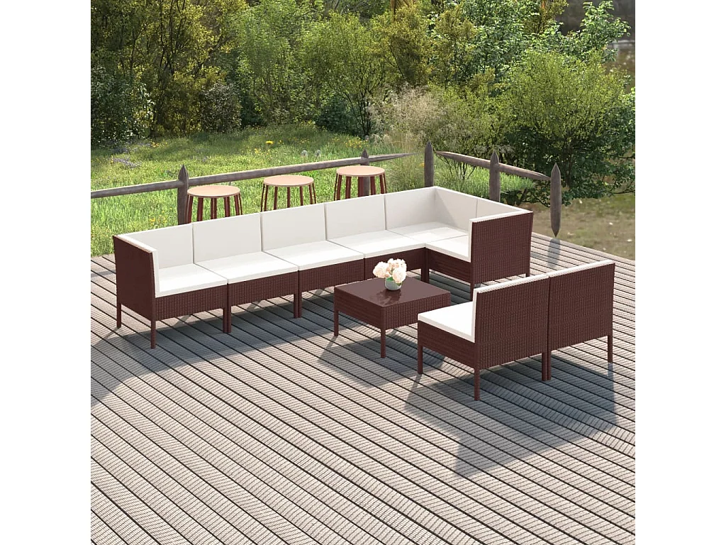 Salon de jardin 9 pcs avec coussins résine tressée marron