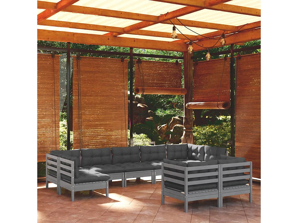 9 pcs conjunto lounge de jardim + almofadões pinho maciço cinza