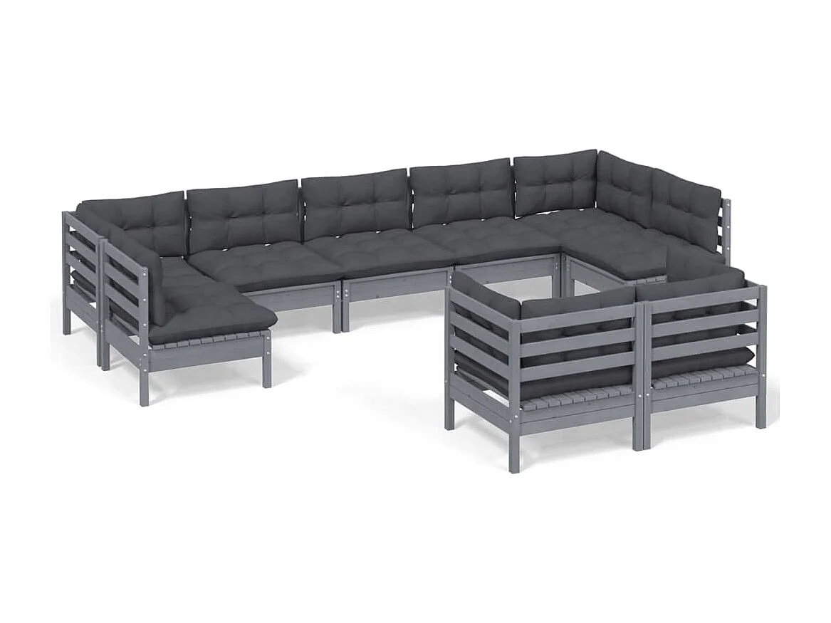 9 pcs conjunto lounge de jardim + almofadões pinho maciço cinza
