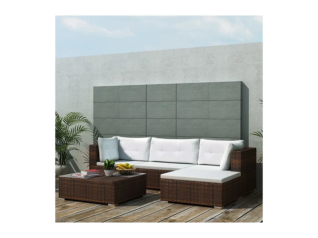 Salon de jardin 5 pcs avec coussins Résine tressée Marron