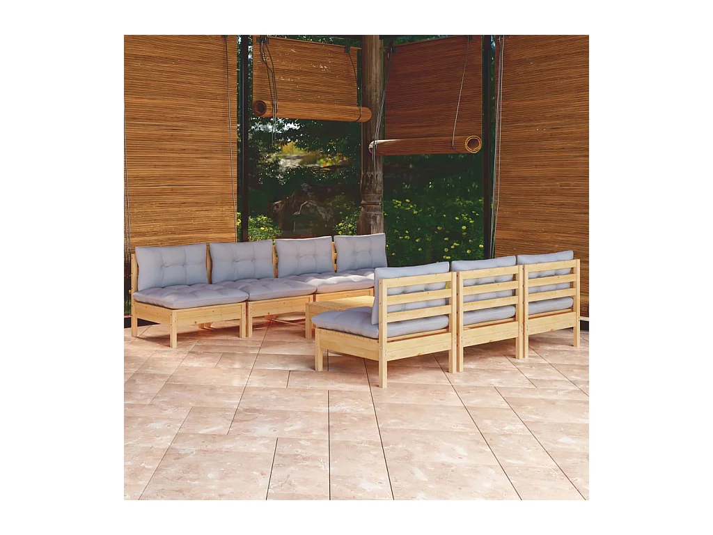 Salon de jardin 8 pcs avec coussins gris Bois de pin