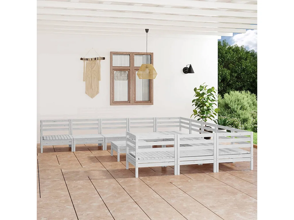 Salon de jardin 12 pcs Blanc Bois de pin massif
