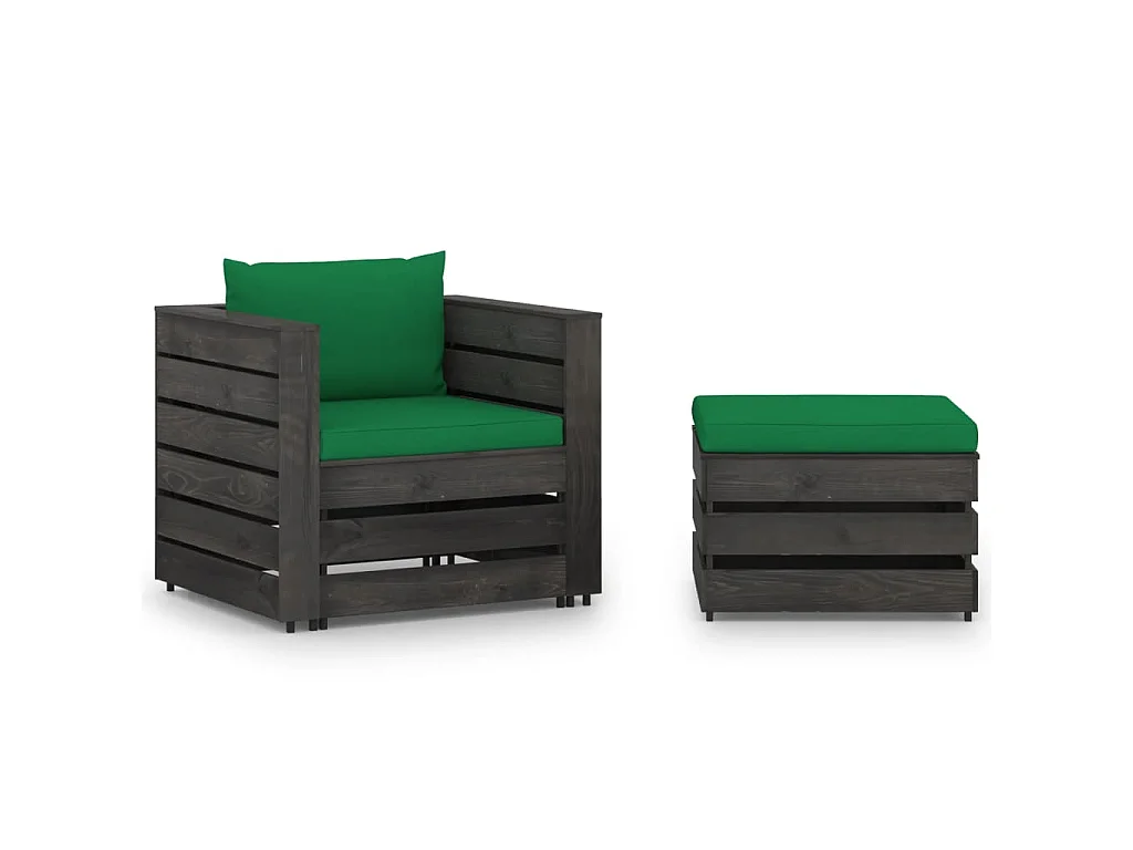 Salon de jardin 2 pcs avec coussins Bois imprégné de gris