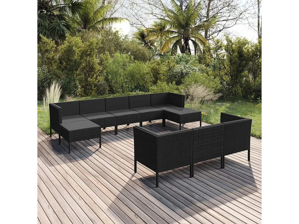 10-delige Loungeset met kussens poly rattan zwart