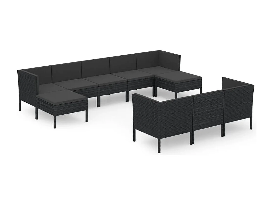 10-delige Loungeset met kussens poly rattan zwart
