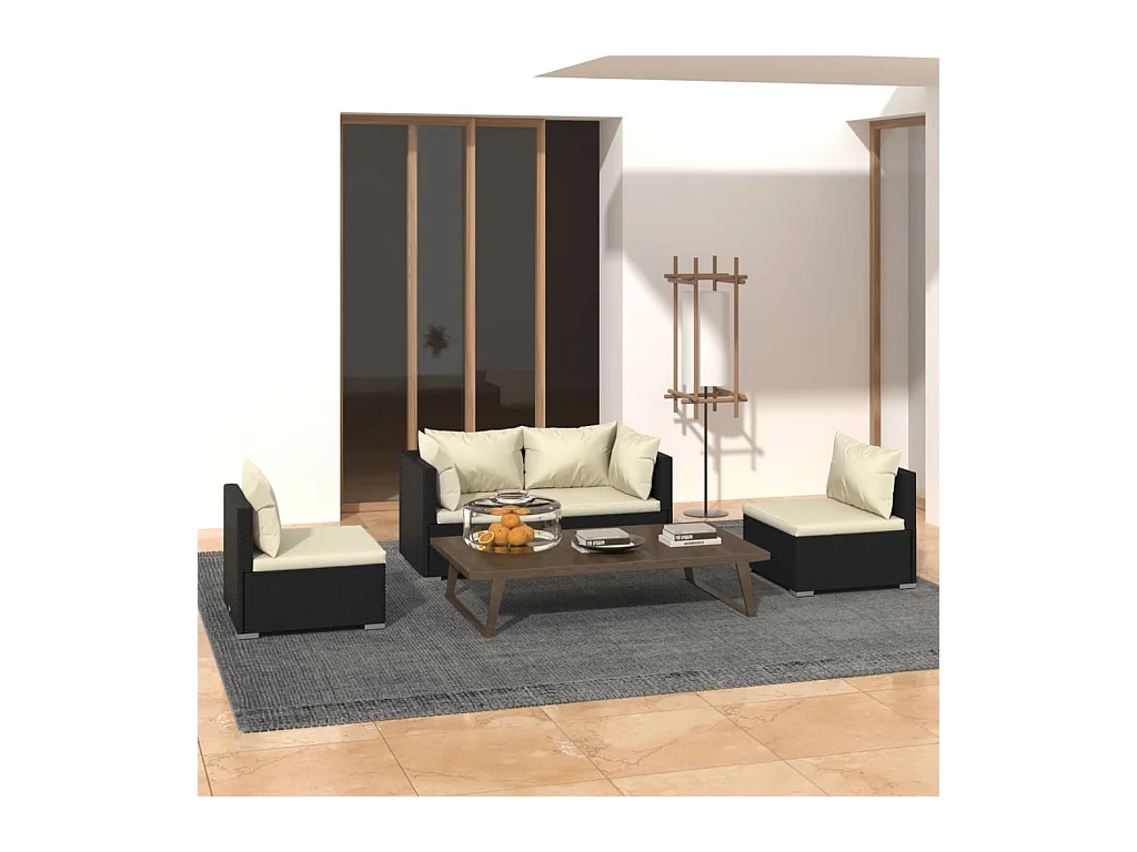 Salon de jardin 4 pcs avec coussins Résine tressée Noir
