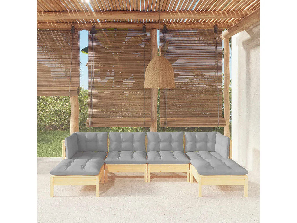Salon de jardin 6 pcs avec coussins gris bois de pin