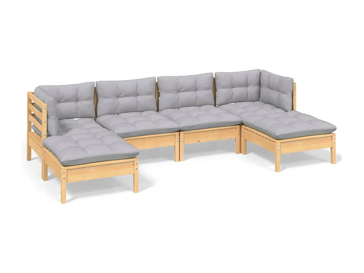 Salon de jardin 6 pcs avec coussins gris bois de pin