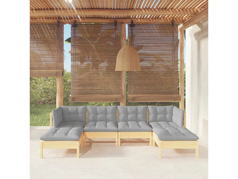 Salon de jardin 6 pcs avec coussins gris bois de pin