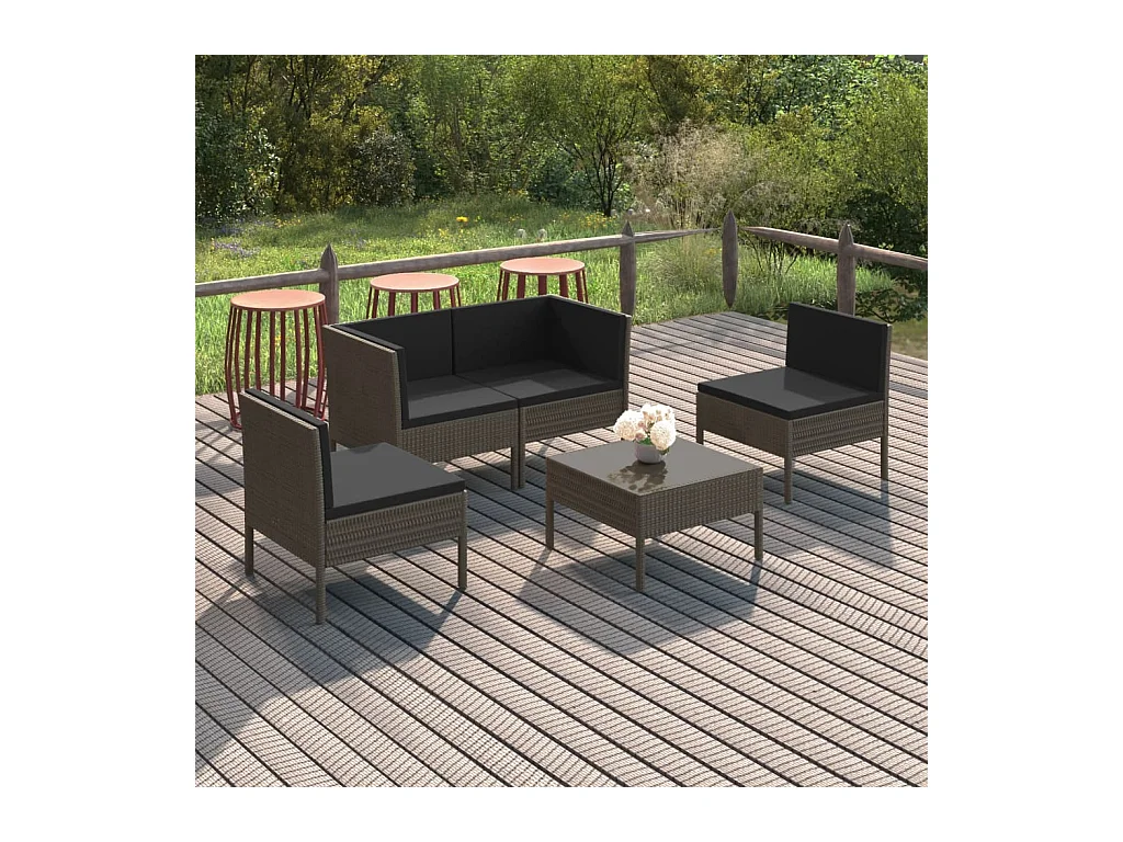 Set Divani da Giardino 5 pz con Cuscini in Polyrattan Grigio
