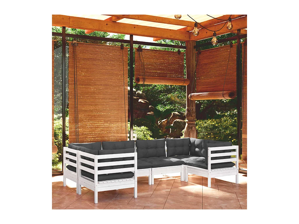 Set Divani da Giardino 6 pz con Cuscini Bianchi Legno di Pino