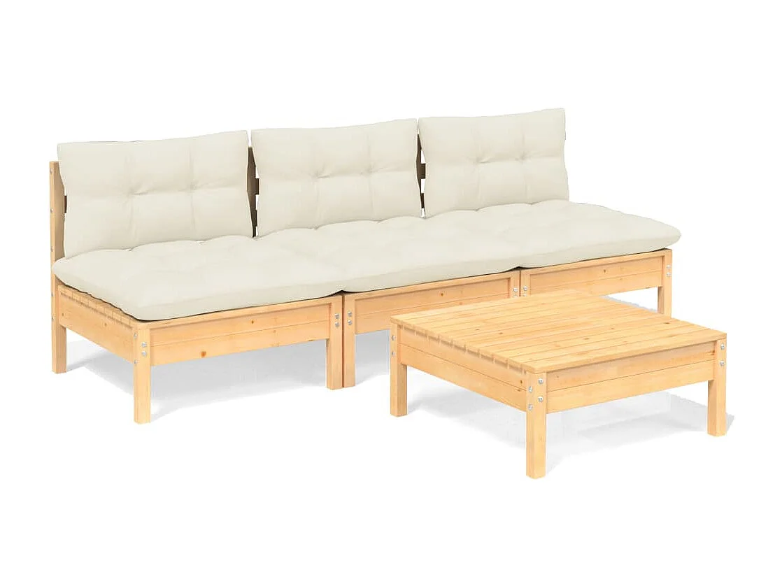 Salon de jardin 4 pcs avec coussins crème Bois de pin