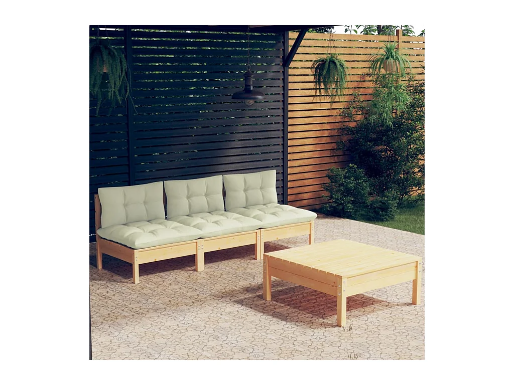 4-delige Loungeset met crèmekleurige kussens grenenhout