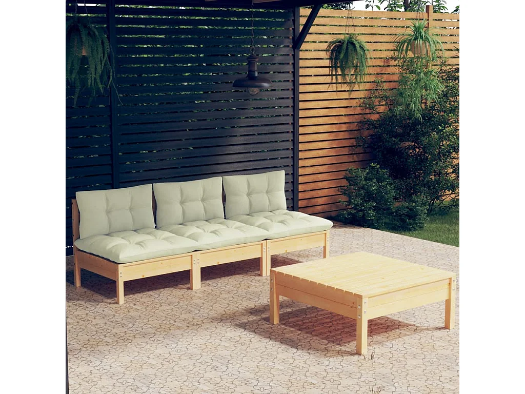 Salon de jardin 4 pcs avec coussins crème Bois de pin