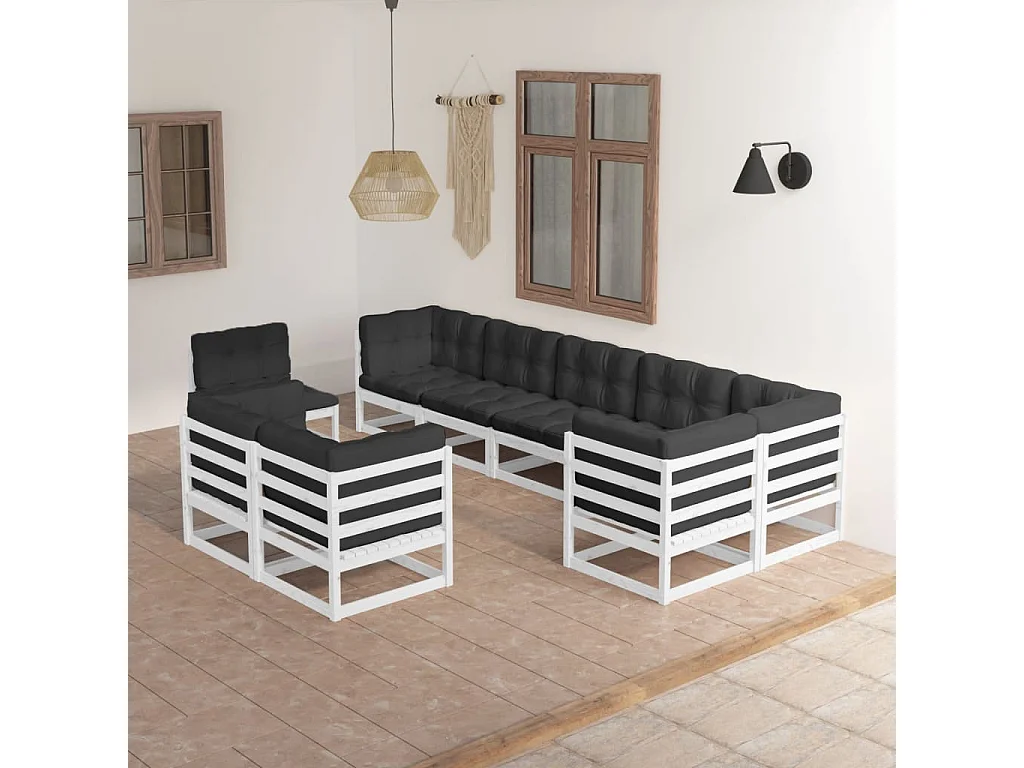 Salon de jardin 9 pcs avec coussins Bois de pin massif