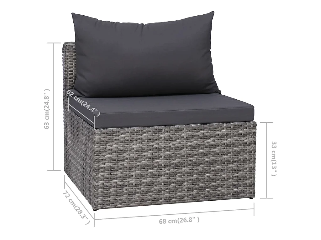8 pcs conjunto lounge de jardim c/ almofadões vime PE cinzento