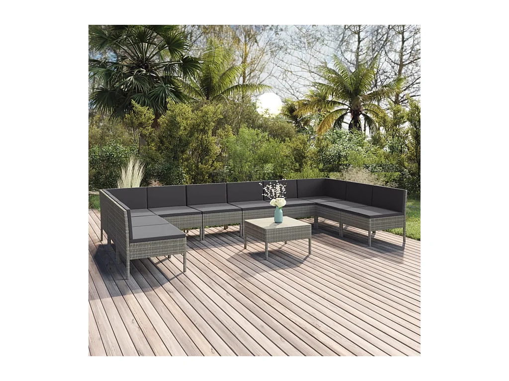 Salon de jardin 11 pcs avec coussins Résine tressée Gris