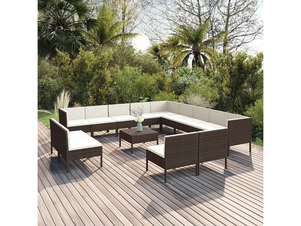 14 pcs conjunto lounge jardim c/ almofadões vime PE castanho