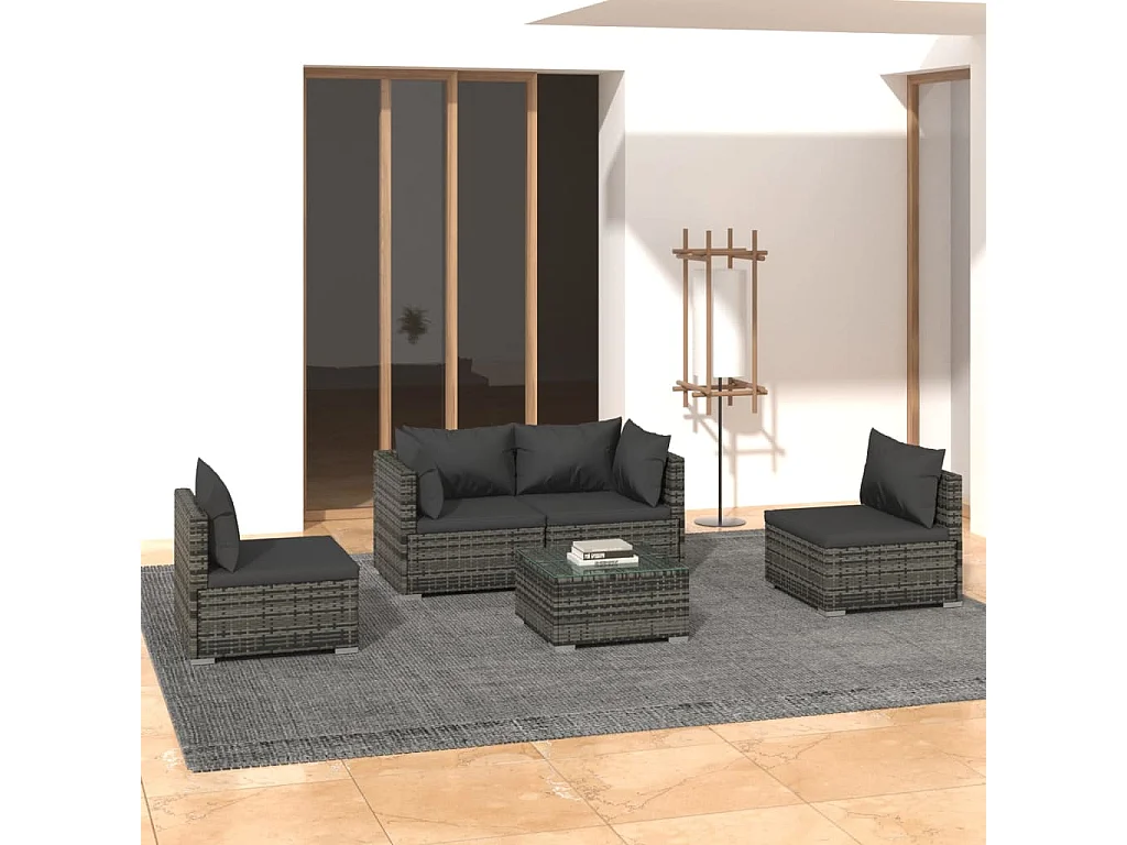 Set Divani da Giardino 5 pz con Cuscini in Polyrattan Grigio