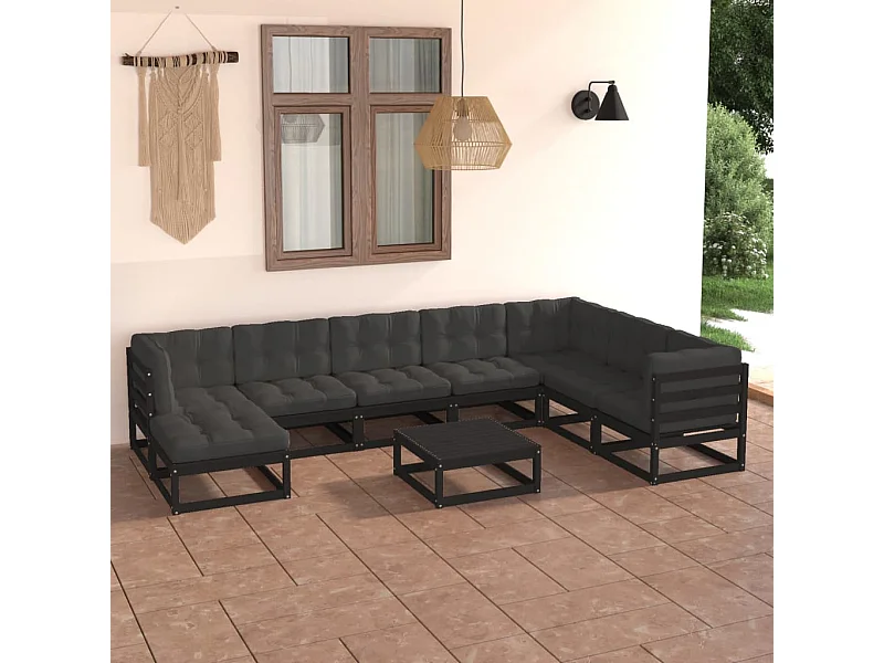 9 pcs conjunto lounge de jardim c/ almofadões pinho maciço
