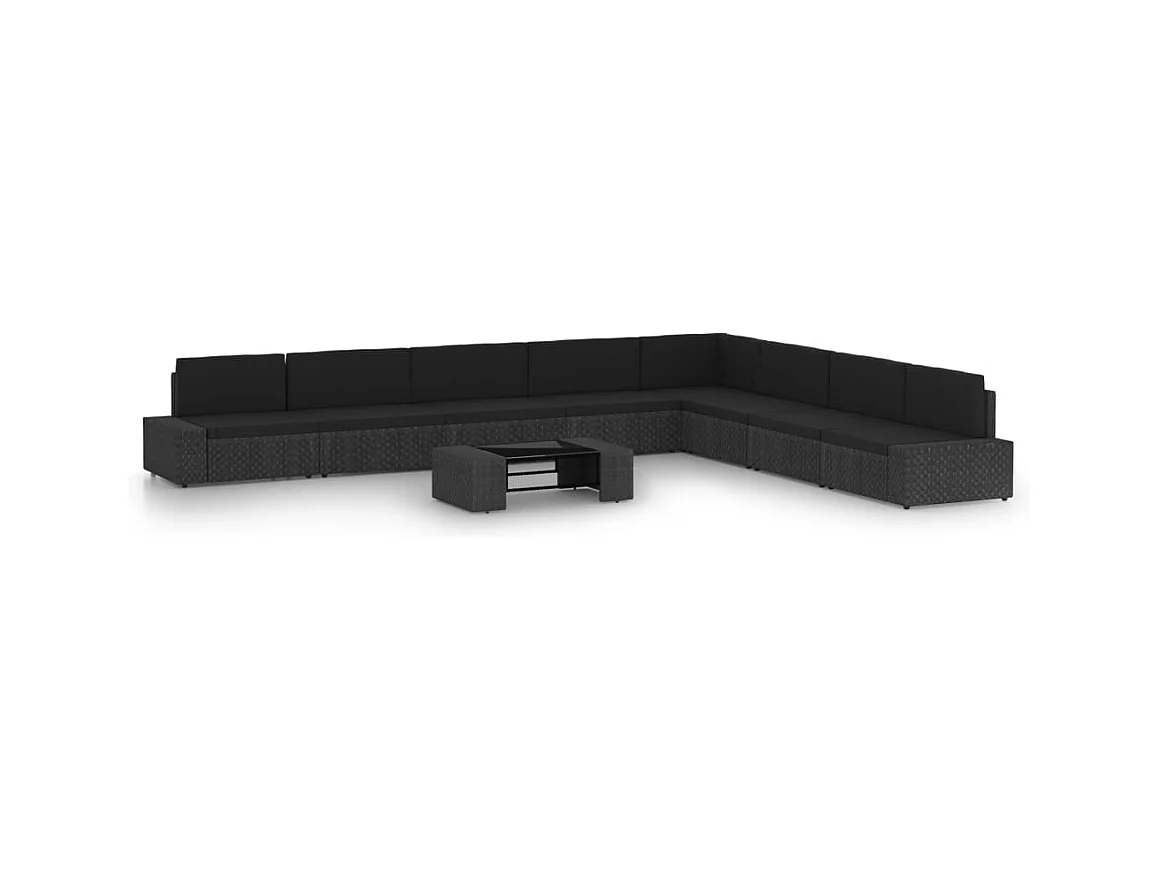 9-delige Loungeset met kussens poly rattan zwart