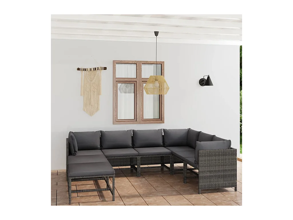 Salon de jardin 8 pcs avec coussins Résine tressée Gris