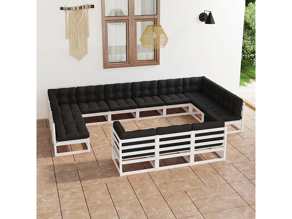 Salon de jardin 13 pcs avec coussins Blanc Bois de pin massif