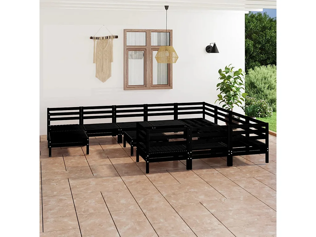 Salon de jardin 12 pcs Noir Bois de pin massif