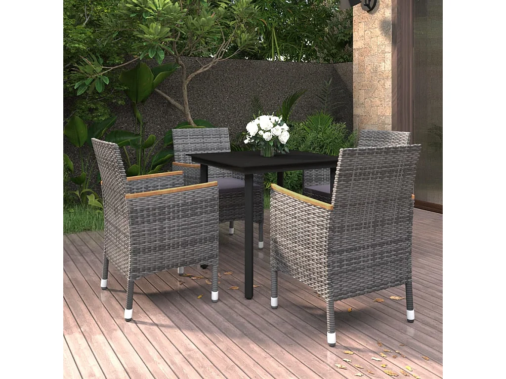 5-tlg. Garten-Essgruppe mit Auflagen Poly Rattan und Glas