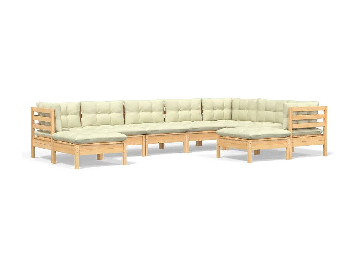 Salon de jardin 9 pcs avec coussins crème bois de pin massif