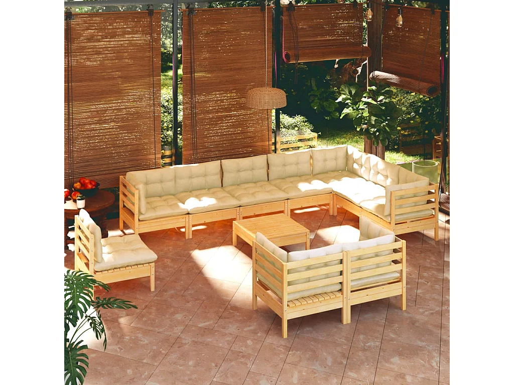Salon de jardin 11 pcs avec coussins crème Bois de pin solide
