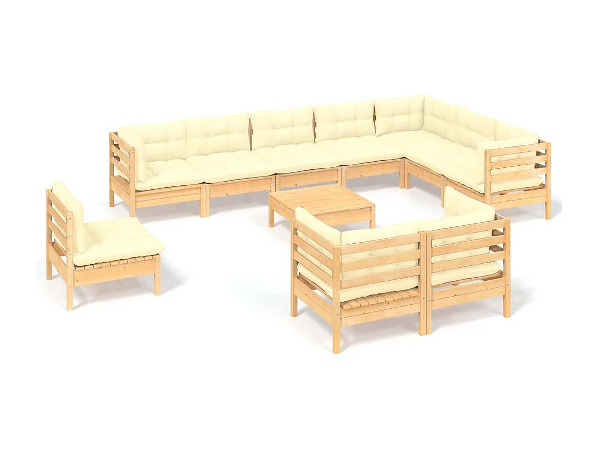 Salon de jardin 11 pcs avec coussins crème Bois de pin solide