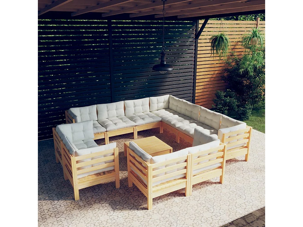 Zestaw ogrodowy 12 elementów z kremowymi poduszkami z litego drewna sosnowego