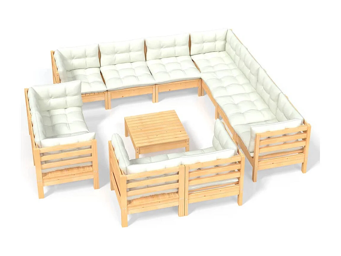 Zestaw ogrodowy 12 elementów z kremowymi poduszkami z litego drewna sosnowego