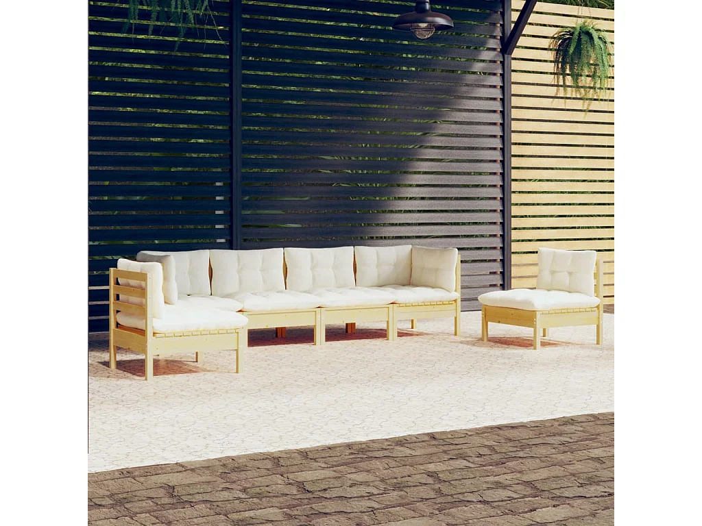 Salon de jardin 6 pcs avec coussins crème Bois de pin massif