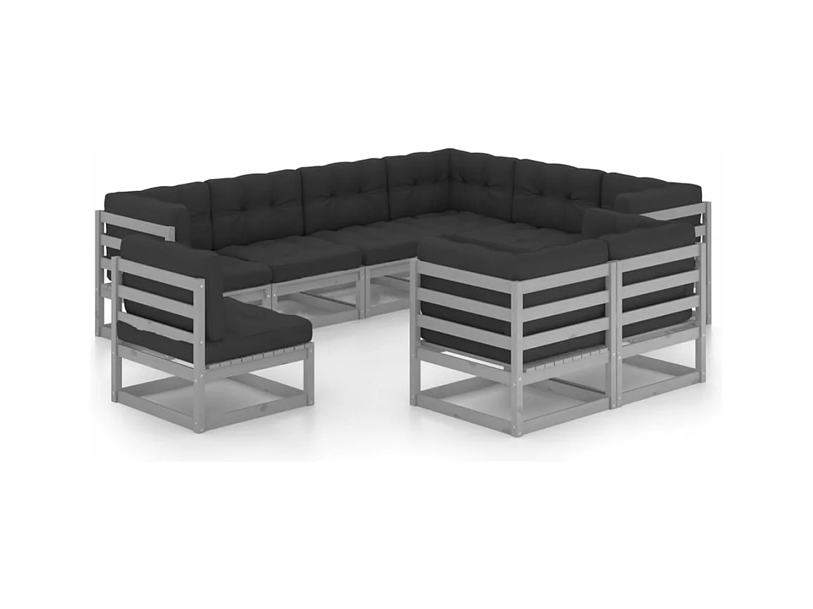 Salon de jardin 9 pcs avec coussins Gris Bois de pin massif