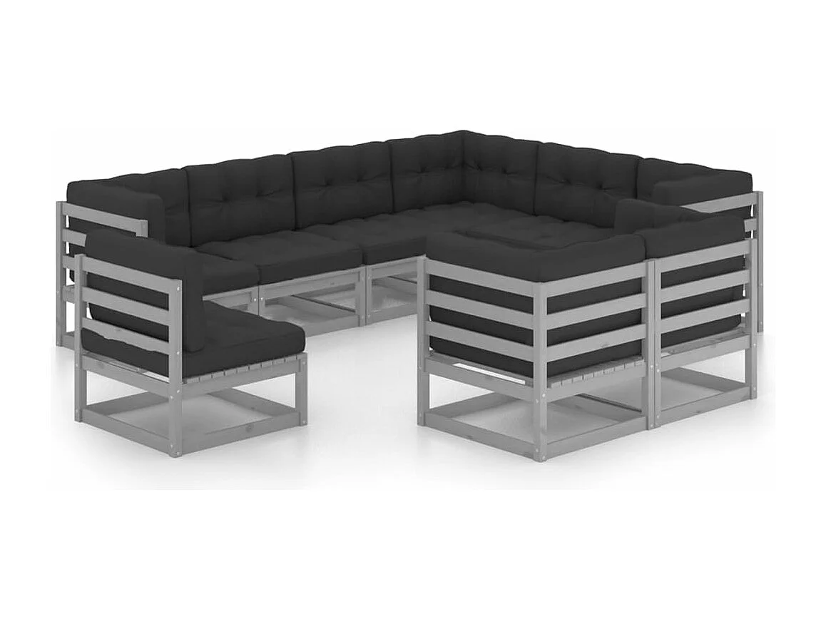 Salon de jardin 9 pcs avec coussins Gris Bois de pin massif