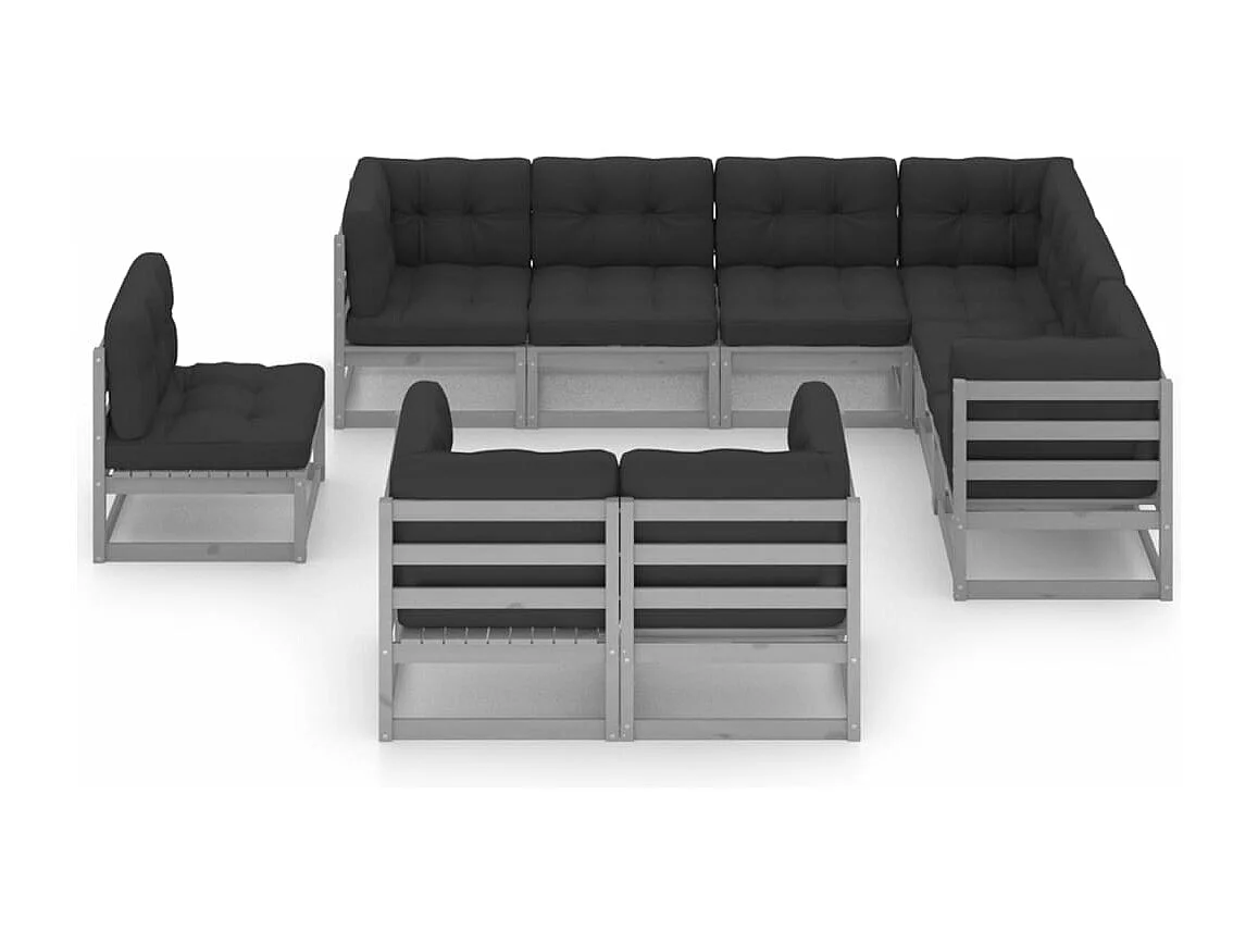 Salon de jardin 9 pcs avec coussins Gris Bois de pin massif