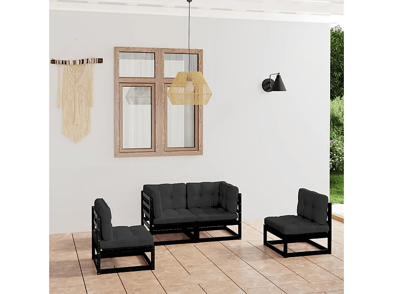 4 pcs conjunto longue de jardim c/ almofadões pinho maciço